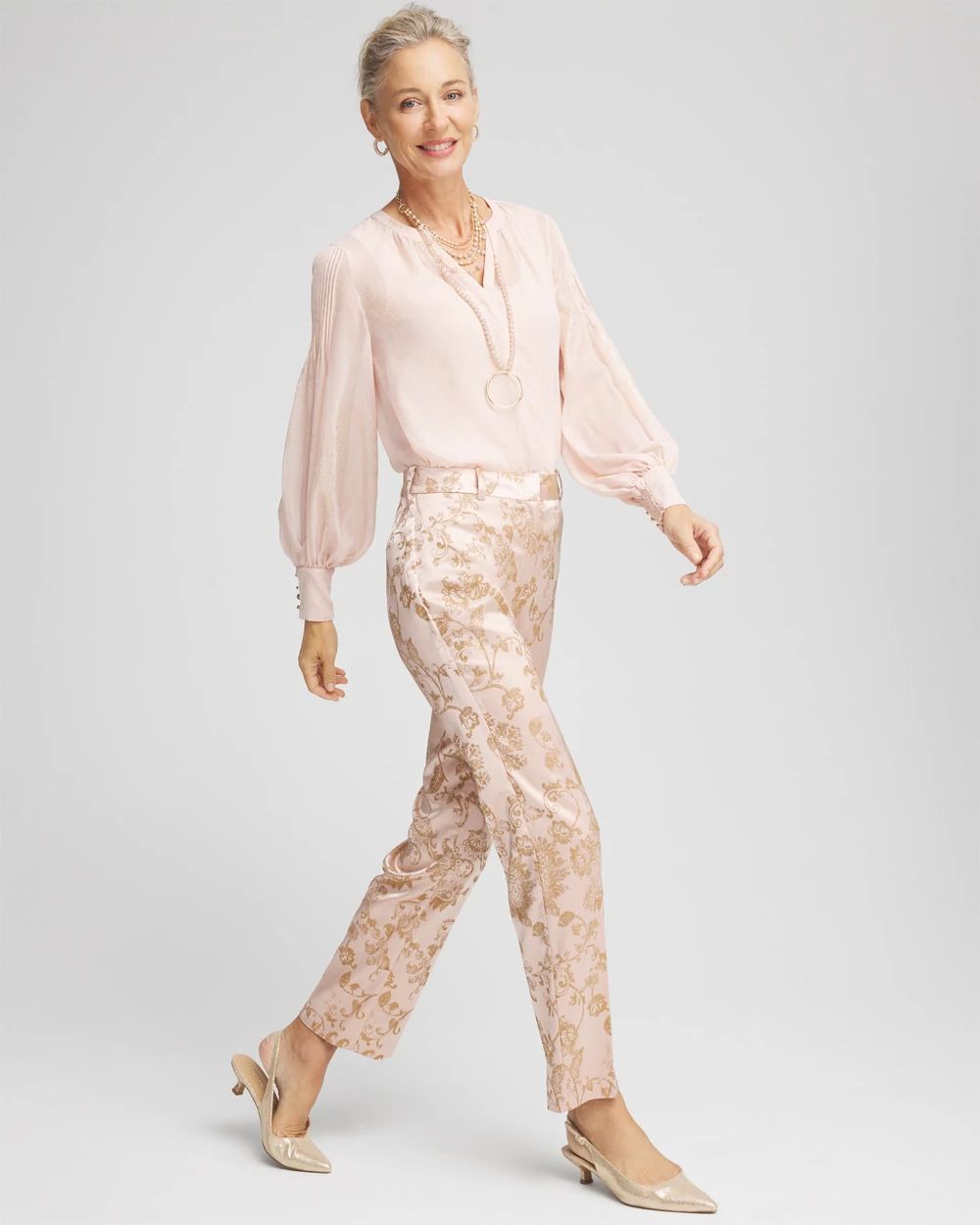 ★MOHAN★ TWS PINTUCK SILKET TOP _4 COLOR Gold Foil Chiffon Pintuck Blouse | Chico's